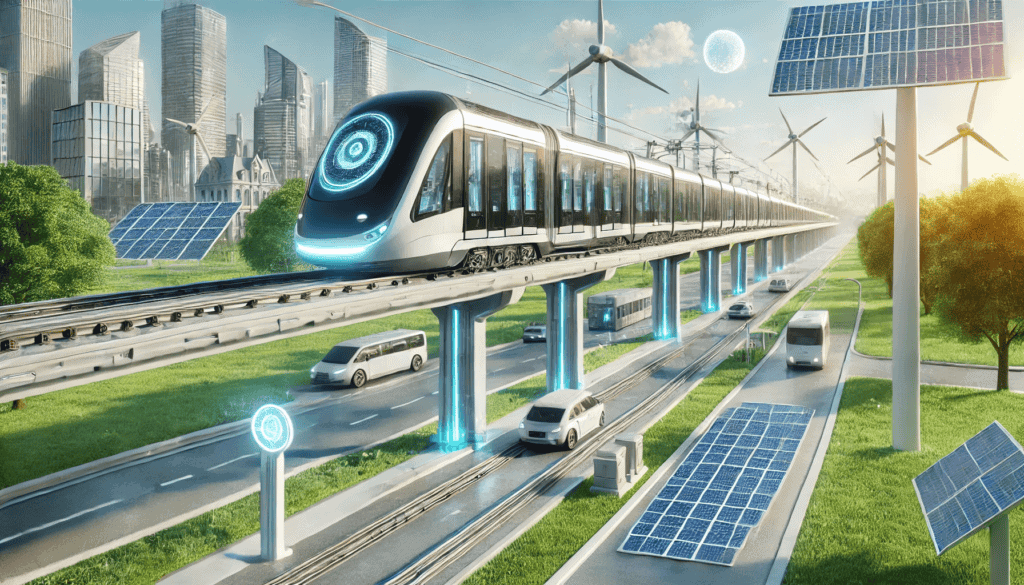 Futuristic light rail systems with advanced technologies.