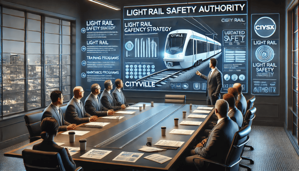 A light rail safety expert presents a compliance strategy to the Cityville transit authority.