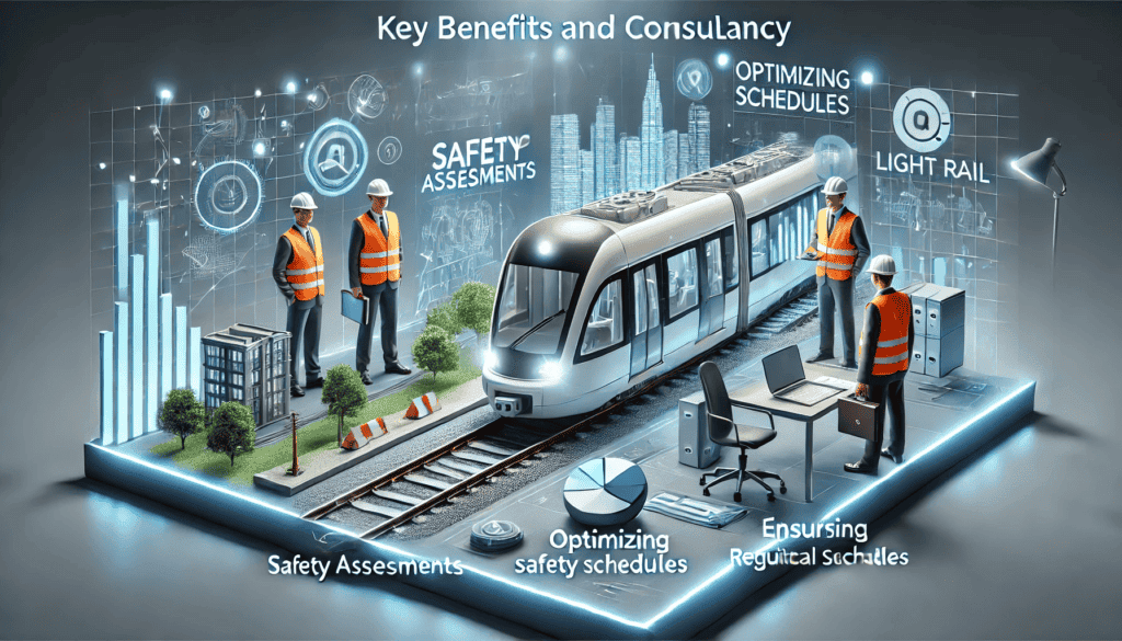 Consultants working on a light rail model, conducting safety assessments, optimizing schedules, and ensuring regulatory compliance.