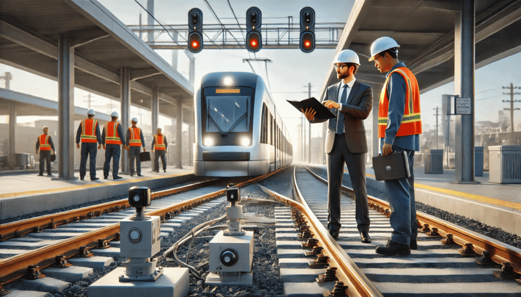 A light rail safety consultant is conducting an on-site safety assessment.