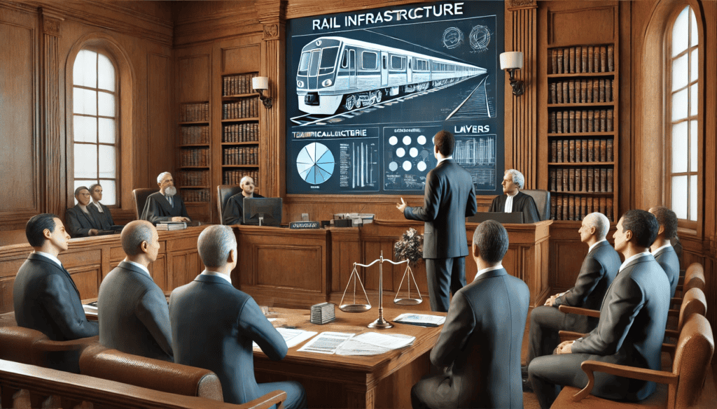 A courtroom scene where a rail infrastructure expert witness is testifying.