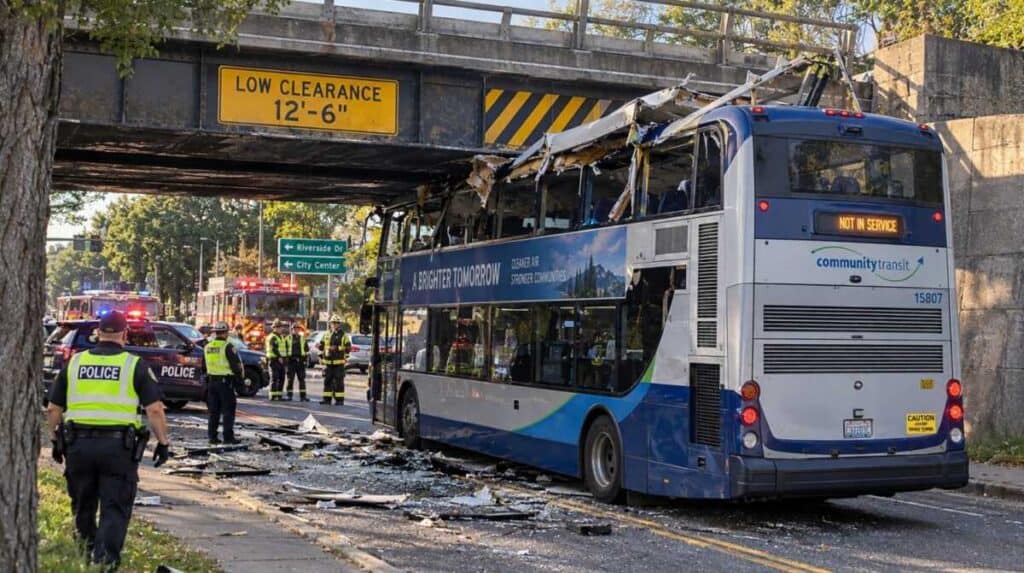 Double-decker bus with severe roof damage after striking a low-clearance bridge, with police and emergency responders at the bus accident scene.