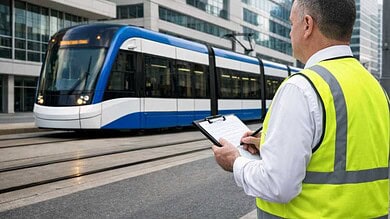 Timothy Borchers reviewing a modern light rail vehicle while conducting a transit system inspection — light rail expert witness CV experience