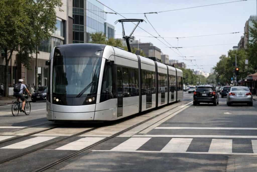 Modern light rail train operating in urban street corridor with overhead catenary wire