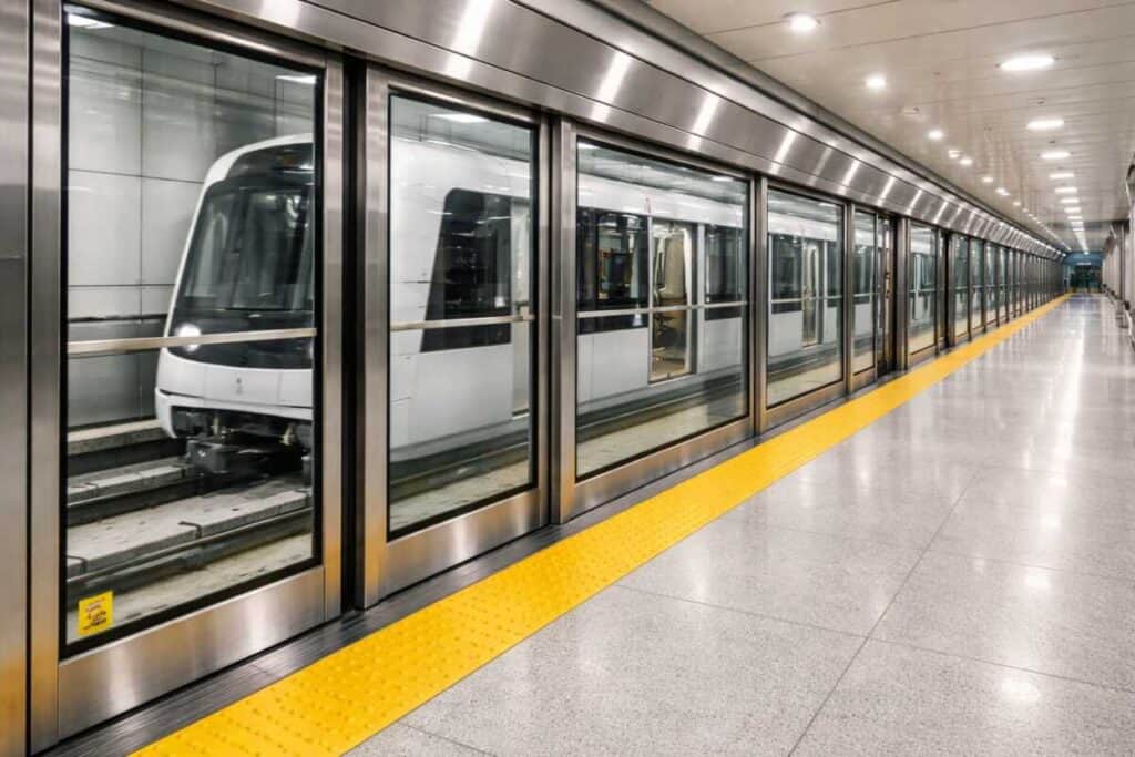 Airport APM platform screen doors at station edge showing gap between platform and guideway