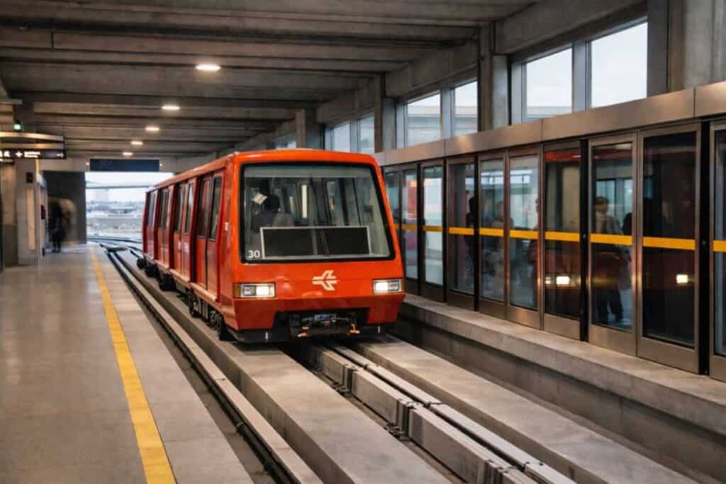 Automated people mover train at airport terminal station with platform screen doors