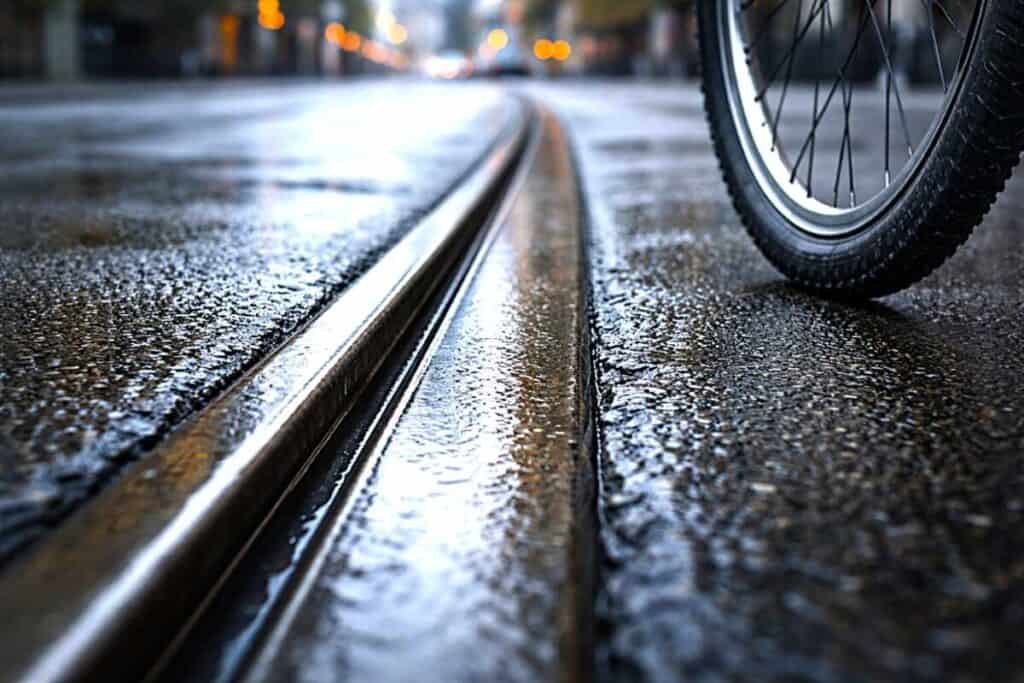 Bicycle wheel approaching embedded light rail track flangeway gap in urban street