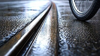Bicycle wheel approaching embedded light rail track flangeway gap in urban street