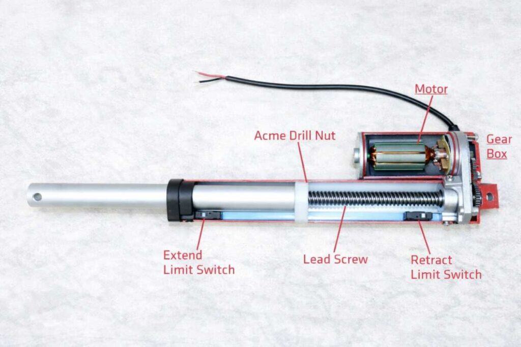 Electric door motor and lead screw actuator used to open and close sliding doors on light rail and automated people mover vehicles