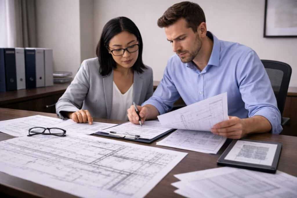 Expert witness reviewing transit accident documentation at a conference table