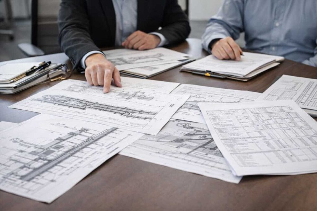 Expert witness reviewing light rail system technical documents and engineering drawings during litigation consultation