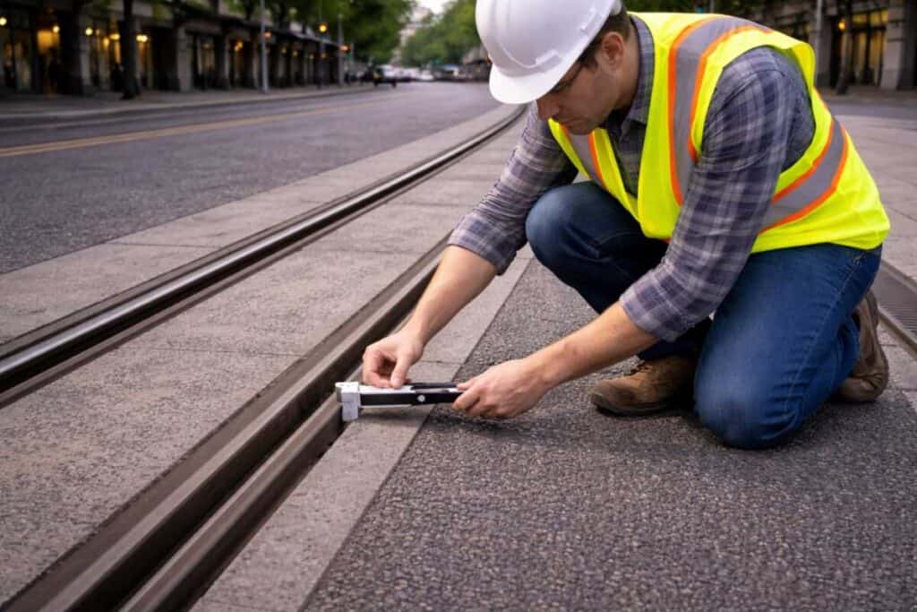 	Transit maintenance worker measuring flangeway gap in embedded light rail track on city street