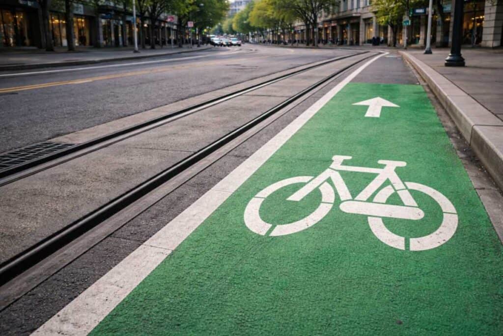 Embedded light rail track running parallel to and crossing a bicycle lane, showing design interaction