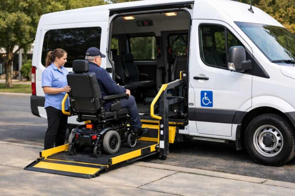 Paratransit van with wheelchair lift deployed at curbside for ADA passenger boarding