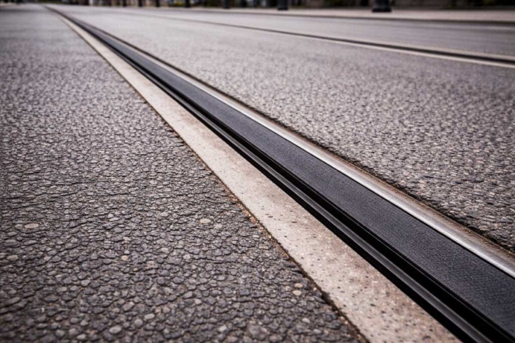 Rubber flangeway filler installed in light rail track to protect cyclists and pedestrians