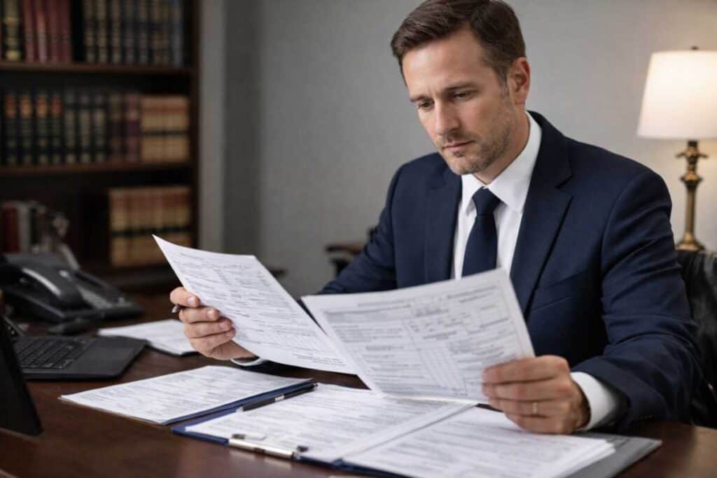 Attorney reviewing transit maintenance documents in a professional office setting