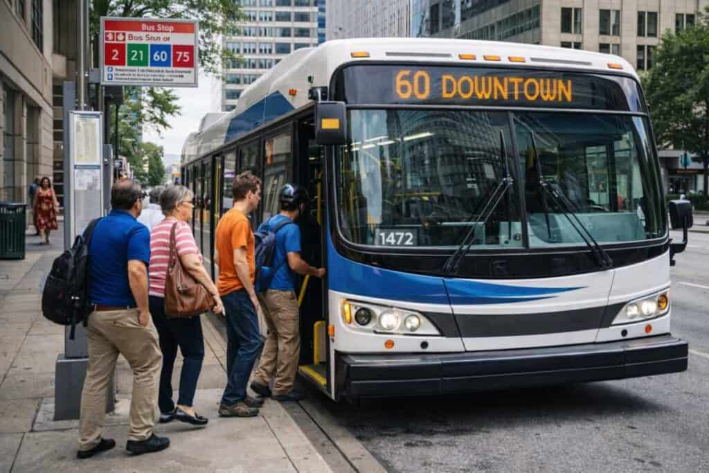 Public transit bus at urban bus stop with passengers boarding