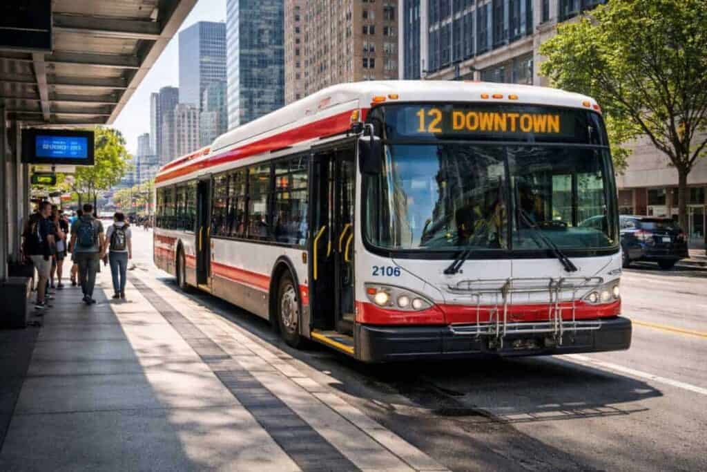 Modern public transit bus at urban bus stop with passengers boarding