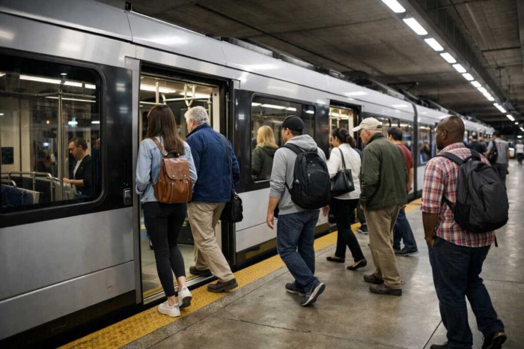 Passengers boarding a light rail vehicle through open sliding doors at an urban transit station