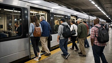 Passengers boarding a light rail vehicle through open sliding doors at an urban transit station