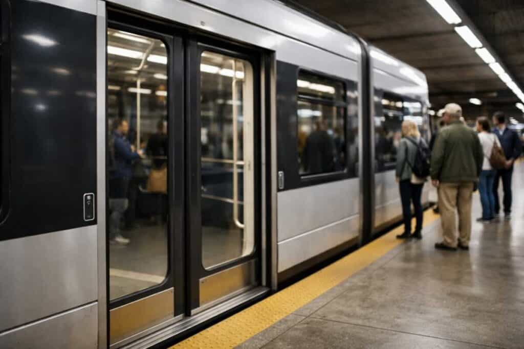 Light rail vehicle door closing at a station platform with passengers nearby