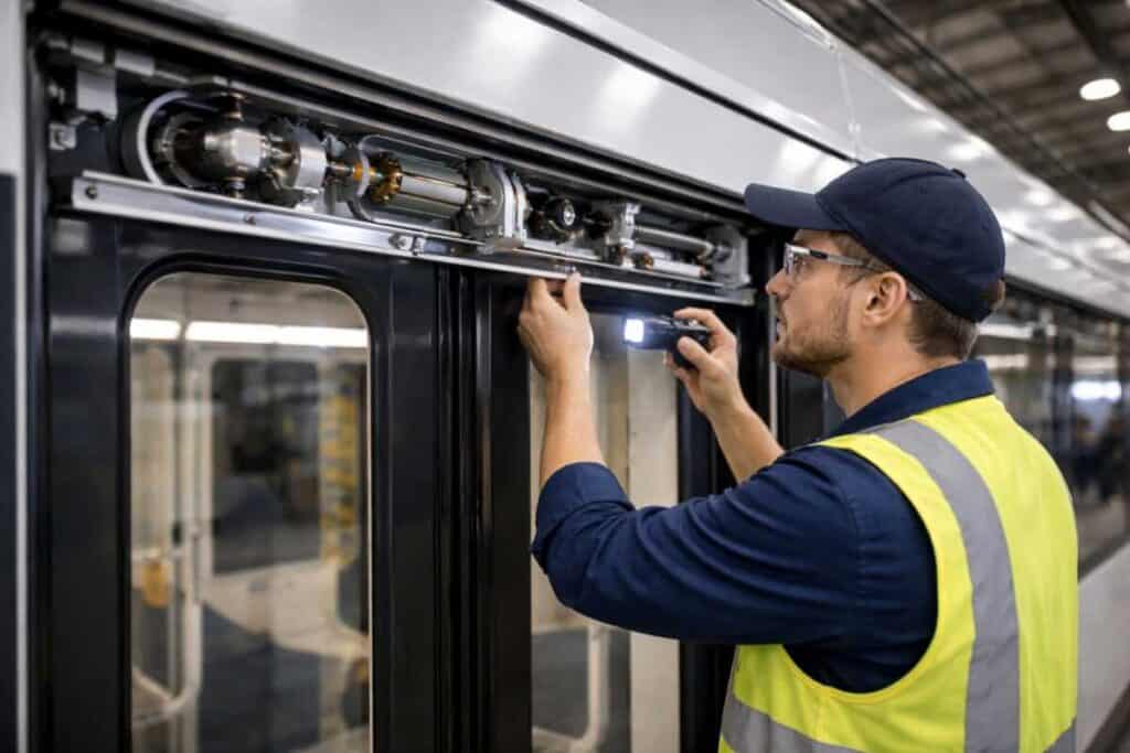 Transit maintenance technician performing a door system inspection on a rail vehicle