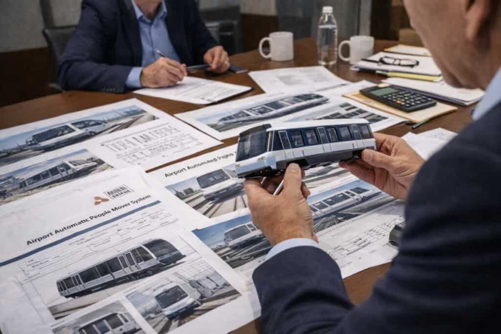 Legal team reviewing automated people mover technical documents and maintenance records during expert witness consultation