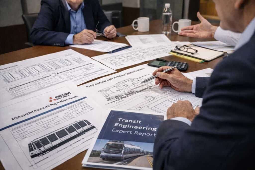  Legal team reviewing transit system documents during expert witness consultation