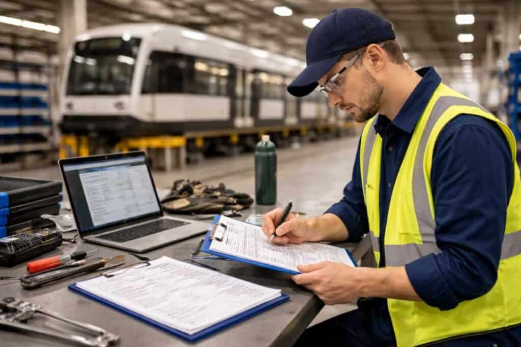 Transit maintenance supervisor reviewing vehicle inspection records in a rail maintenance facility