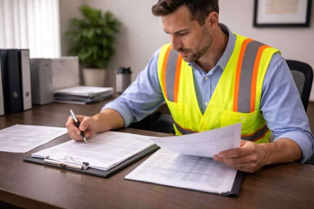 Transit safety manager reviewing inspection logs and maintenance records at a desk