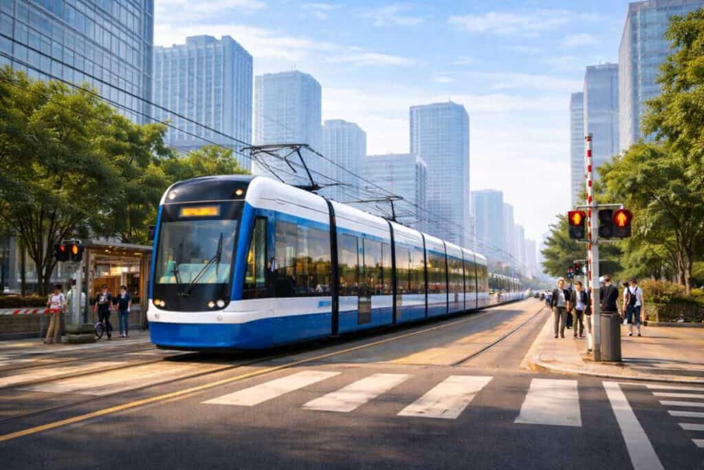 Light rail train operating in urban transit corridor