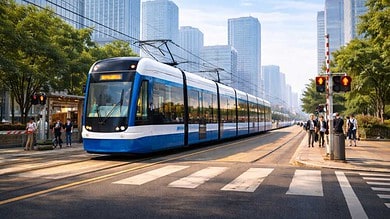 Light rail train operating in urban transit corridor