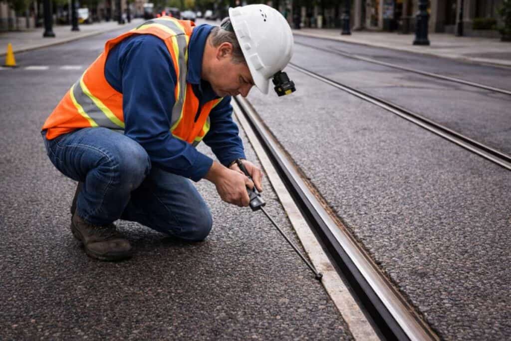Transit maintenance worker inspecting embedded light rail track in urban street